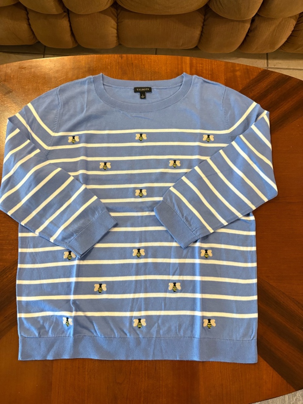 Talbots Women’s Blue and White Striped Crewneck Sweater with Bee Embroidery